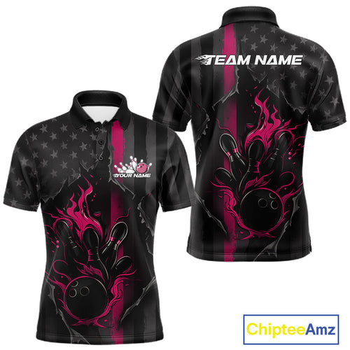 Custom Pink Thin Line American Flag Patriotic Flame Bowling Team Men Polo Shirts IPHW10182