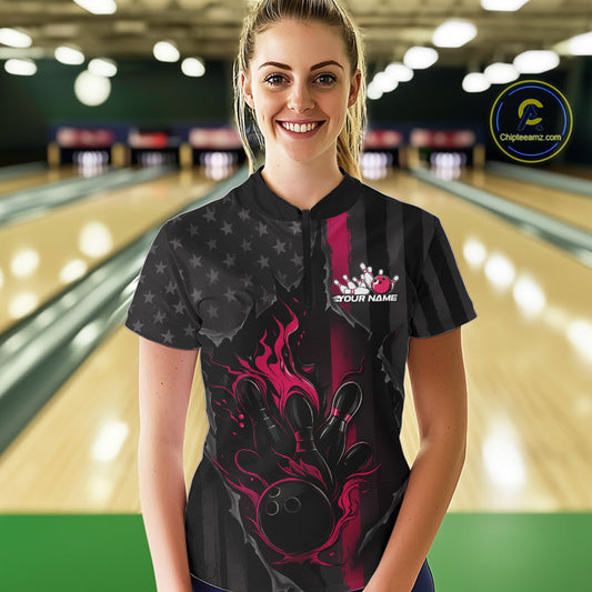 Custom Pink Thin Line American Flag Patriotic Flame Women Bowling Team Shirts IPHW10182