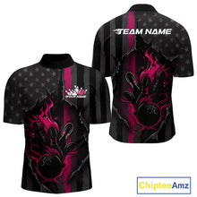 Load image into Gallery viewer, Custom Pink Thin Line American Flag Patriotic Flame Bowling Team Men Quarter-Zip Shirts IPHW10182