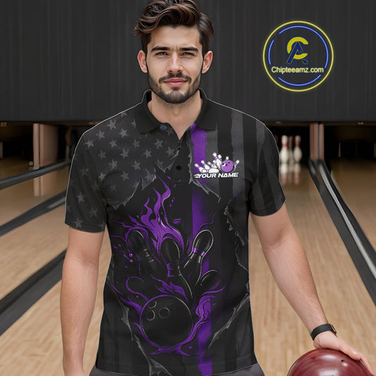 Custom Purple Thin Line American Flag Patriotic Flame Bowling Team Men Polo Shirts IPHW10183