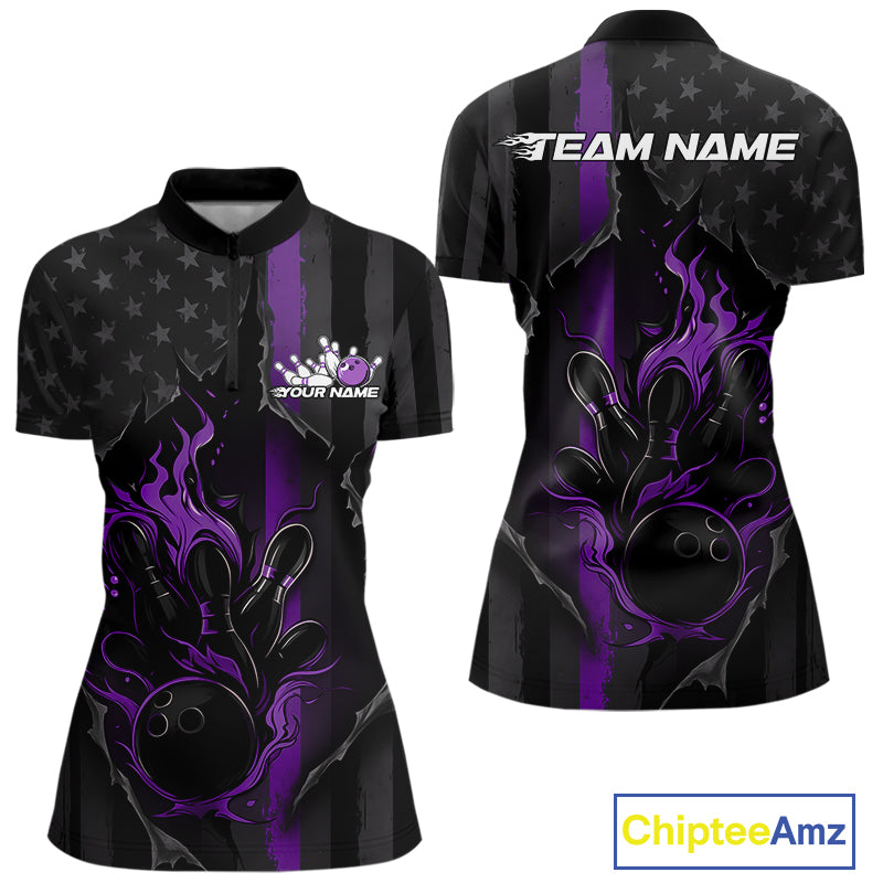 Custom Purple Thin Line American Flag Patriotic Flame Women Bowling Team Shirts IPHW10183