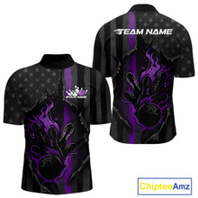 Load image into Gallery viewer, Custom Purple Thin Line American Flag Patriotic Flame Bowling Team Men Quarter-Zip Shirts IPHW10183