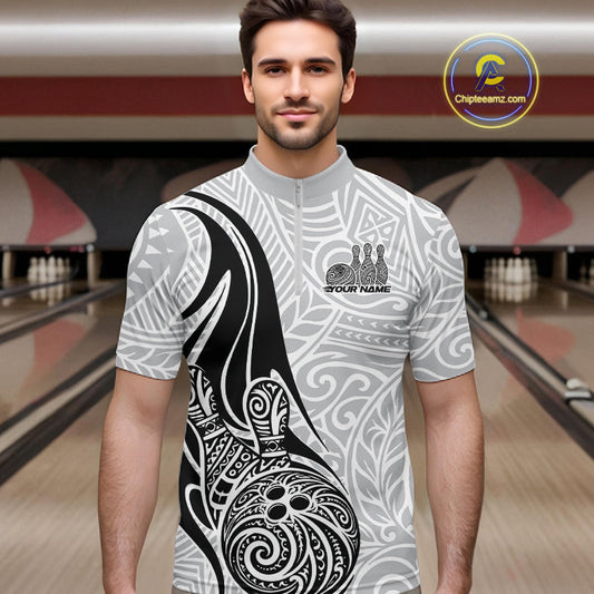 Custom Polynesian Tribal Bowling Men Quarter-Zip Shirt, Maori Style Bowling Shirt IPHW10336
