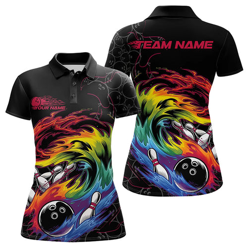 Custom Rainbow Flame Bowling Team Polo Shirts For Women, Colorful Bowling League Shirt IPHW8740