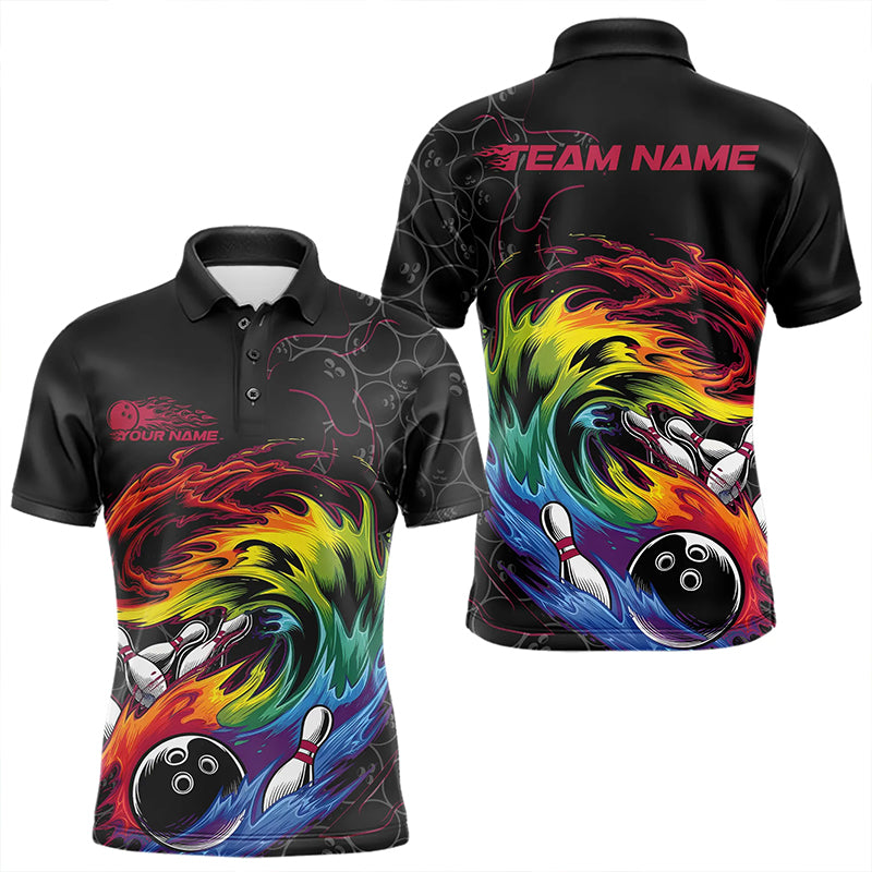 Custom Rainbow Flame Bowling Team Polo Shirts For Men, Colorful Bowling League Shirt IPHW8740