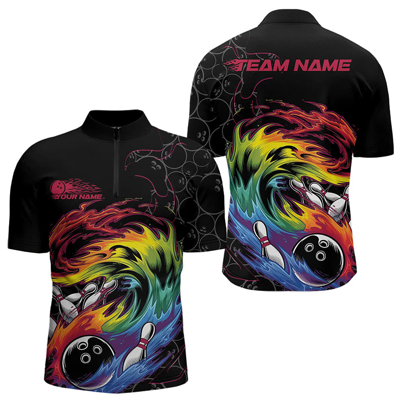 Custom Rainbow Flame Bowling Team Quarter-Zip Shirts For Men, Colorful Bowling League Shirt IPHW8740