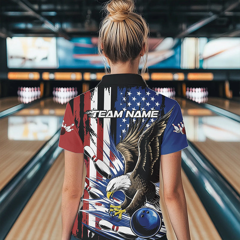 Custom American Flag Eagle Bowling Team Women Quarter-Zip Shirts, US Bowling League Shirt IPHW8753