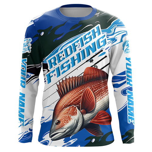 Custom Redfish Puppy Drum Long Sleeve Tournament Fishing Shirts, Redfish Fishing Jerseys | Blue Camo IPHW6231