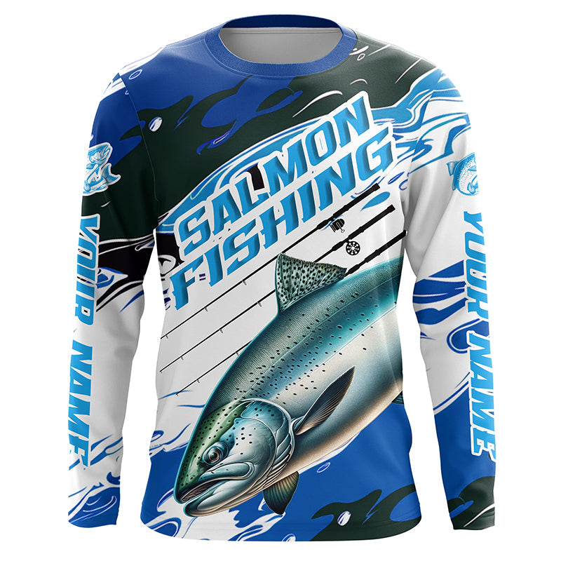 Custom Chinook Salmon Long Sleeve Tournament Fishing Shirts, King Salmon Fishing Jerseys | Blue Camo IPHW6233