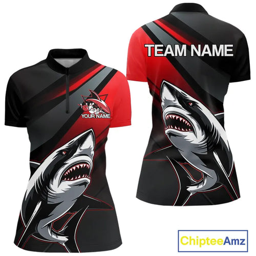 Custom Black And Red Shark Bowling Jerseys, Bowling Uniform Shark Women Quarter-Zip Shirt IPHW8999