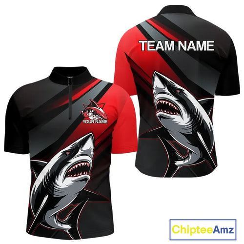 Custom Black And Red Shark Bowling Jerseys, Bowling Team Uniform Shark Men Quarter-Zip Shirts IPHW8999
