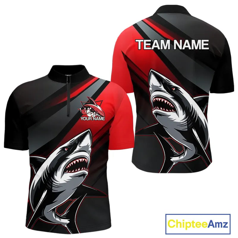 Custom Black And Red Shark Bowling Jerseys, Bowling Team Uniform Shark Men Quarter-Zip Shirts IPHW8999