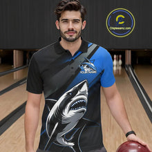 Load image into Gallery viewer, Custom Black And Blue Shark Bowling Jerseys, Bowling Team Uniform Shark Men Polo Shirts IPHW9000