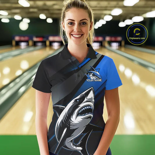 Custom Black And Blue Shark Bowling Jerseys, Bowling Team Uniform Shark Women Polo Shirts IPHW9000