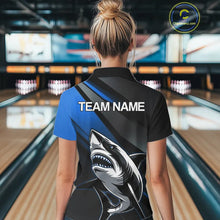 Load image into Gallery viewer, Custom Black And Blue Shark Bowling Jerseys, Bowling Team Uniform Shark Women Polo Shirts IPHW9000