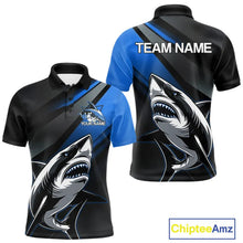Load image into Gallery viewer, Custom Black And Blue Shark Bowling Jerseys, Bowling Team Uniform Shark Men Polo Shirts IPHW9000