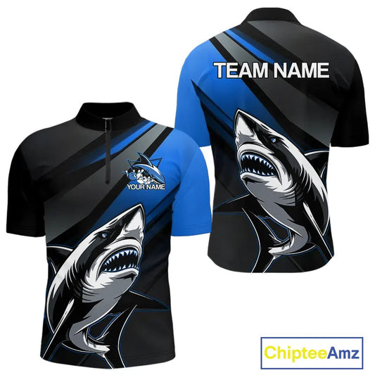 Custom Black And Blue Shark Bowling Jerseys, Bowling Team Uniform Shark Men Quarter-Zip Shirts IPHW9000