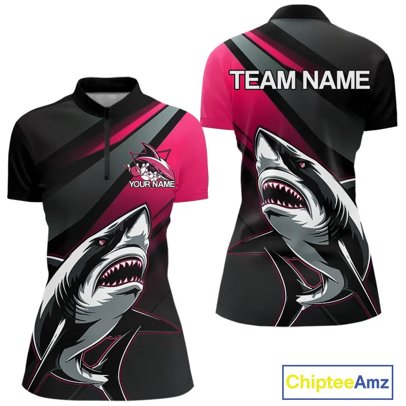 Custom Black And Pink Shark Bowling Jersey, Bowling Uniform Shark Women Quarter-Zip Shirt IPHW9001