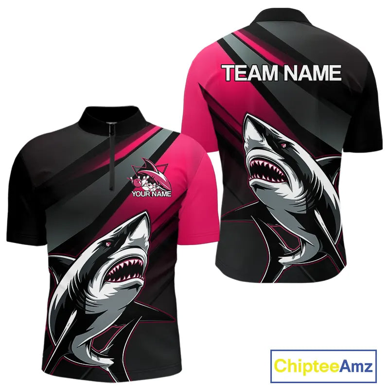 Custom Black And Pink Shark Bowling Jerseys, Bowling Team Uniform Shark Men Quarter-Zip Shirts IPHW9001
