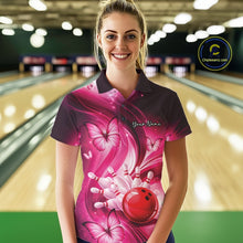 Load image into Gallery viewer, Custom Pink Butterfly Bowling Women Polo Shirts, Team Tournament Bowlers Outfit IPHW11112