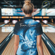 Load image into Gallery viewer, Back view of a blue womens bowling polo displaying bowling pins and butterfly-themed accents.