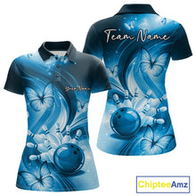 Load image into Gallery viewer, Front and back womens blue bowling polo featuring a bowling strike illustration enhanced with butterfly artwork.