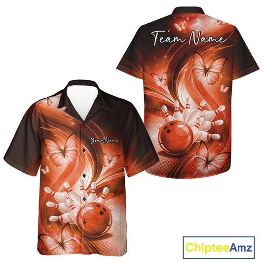 Orange button-up bowling shirt mockup featuring a bowling ball striking pins surrounded by butterflies in front and back views.