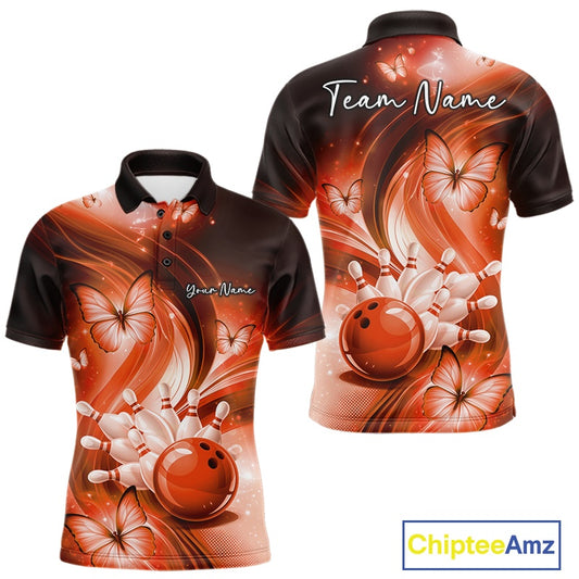 Front and back mens orange bowling polo featuring a bowling ball striking pins surrounded by butterfly artwork.