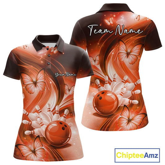 Front and back womens orange bowling polo mockup featuring a bowling ball striking pins surrounded by butterfly graphics.
