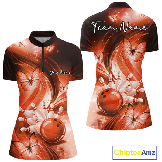 Front and back womens orange bowling quarter-zip featuring a bowling ball striking pins surrounded by butterfly artwork.
