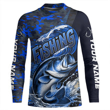 Load image into Gallery viewer, Custom Bass Long Sleeve Fishing Shirts, Personalized Bass Fishing Jersey | Blue Camo IPHW6872