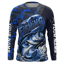 Load image into Gallery viewer, Custom Bass Long Sleeve Fishing Shirts, Personalized Bass Fishing Jersey | Blue Camo IPHW6872