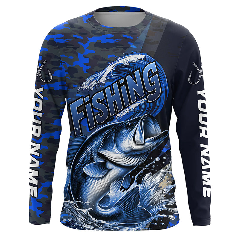 Custom Bass Long Sleeve Fishing Shirts, Personalized Bass Fishing Jersey | Blue Camo IPHW6872