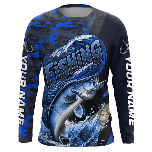 Custom Walleye Long Sleeve Fishing Shirts, Personalized Walleye Fishing Jersey | Blue Camo IPHW6873