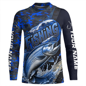 Custom Trout Long Sleeve Fishing Shirts, Personalized Trout Fishing Jersey | Blue Camo IPHW6874