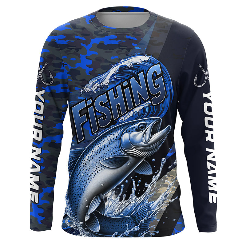 Custom Trout Long Sleeve Fishing Shirts, Personalized Trout Fishing Jersey | Blue Camo IPHW6874