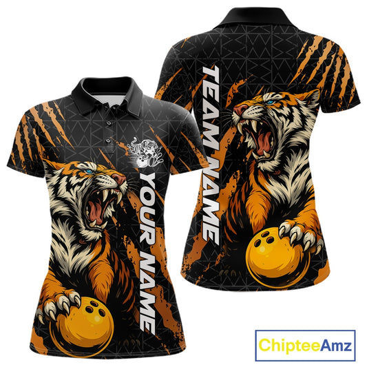 Front and back view of a black and yellow women's bowling polo shirt showcasing a roaring tiger holding a yellow bowling ball with orange claw-stripe artwork and a geometric background pattern.