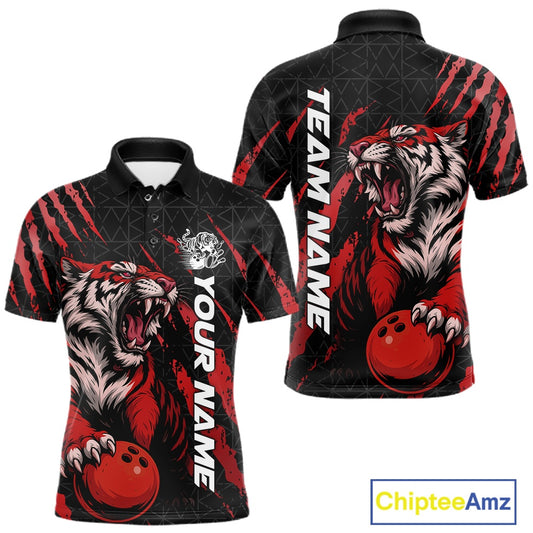 Front and back view of a black and red men's bowling polo shirt featuring a roaring tiger holding a red bowling ball with matching claw-stripe graphics and a geometric background pattern.