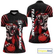 Load image into Gallery viewer, Front and back view of a black and red women's bowling quarter-zip shirt featuring a roaring tiger holding a red bowling ball with red claw-stripe graphics and a geometric background pattern.