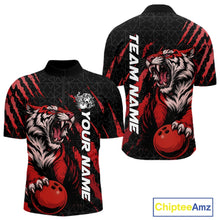 Load image into Gallery viewer, Front and back view of a black and red men's bowling quarter-zip shirt showcasing a roaring tiger holding a red bowling ball with red claw-stripe graphics and a geometric background pattern.