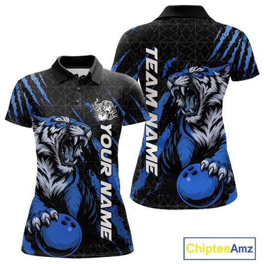 Front and back view of a black and mid blue women's bowling polo shirt displaying a roaring tiger holding a mid blue bowling ball with matching claw-stripe artwork and a geometric background pattern.
