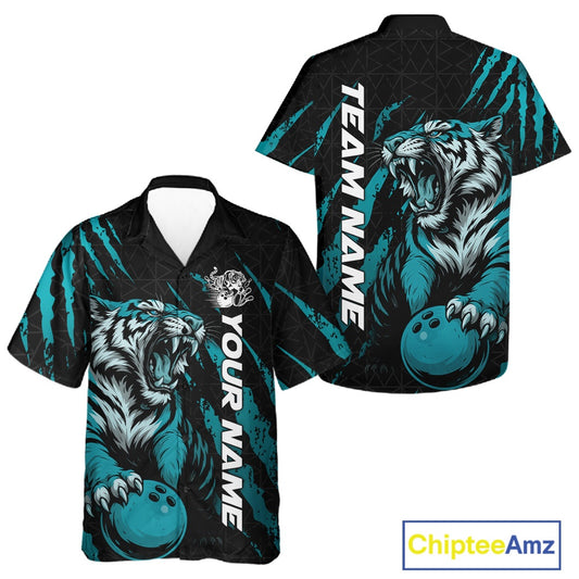 Front and back view of a black and teal blue button-up bowling shirt featuring a roaring tiger holding a teal blue bowling ball with matching claw-stripe graphics and a geometric background pattern.