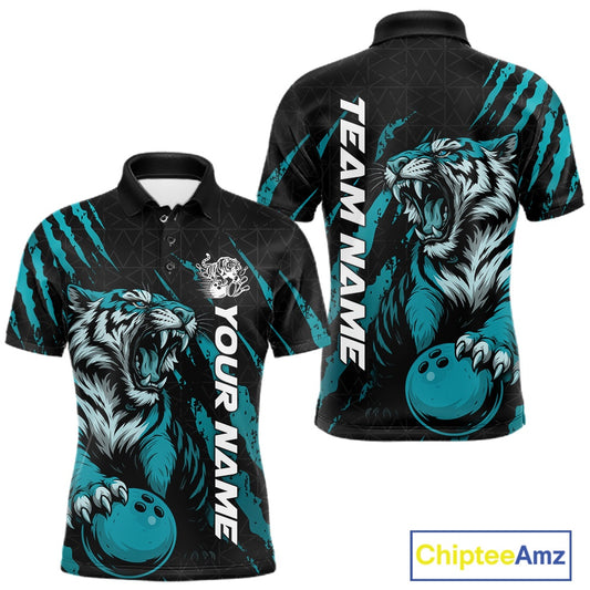 Front and back view of a black and teal blue men's bowling polo shirt featuring a roaring tiger holding a teal blue bowling ball with matching claw-stripe graphics and a geometric background pattern.