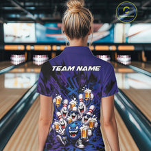 Load image into Gallery viewer, Back view of a female model wearing a blue and purple bowling polo shirt in a bowling lane, featuring funny bowling pins and a bowling ball holding frothy beer mugs.