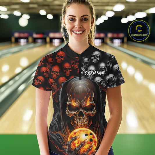 Custom Skull Bowling Womens Quarter Zip Shirts Bowling Team Jerseys Halloween Outfits IPHW5346
