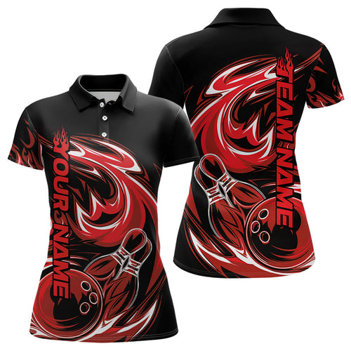 Custom Blue And Red Flaming Bowling Polo Shirts For Women, Flame Bowling League Shirts IPHW8027