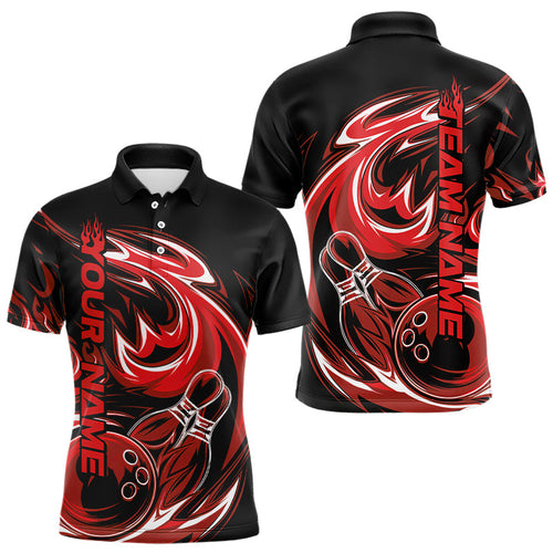 Custom Blue And Red Flaming Bowling Polo Shirts For Men, Flame Bowling League Shirts IPHW8027