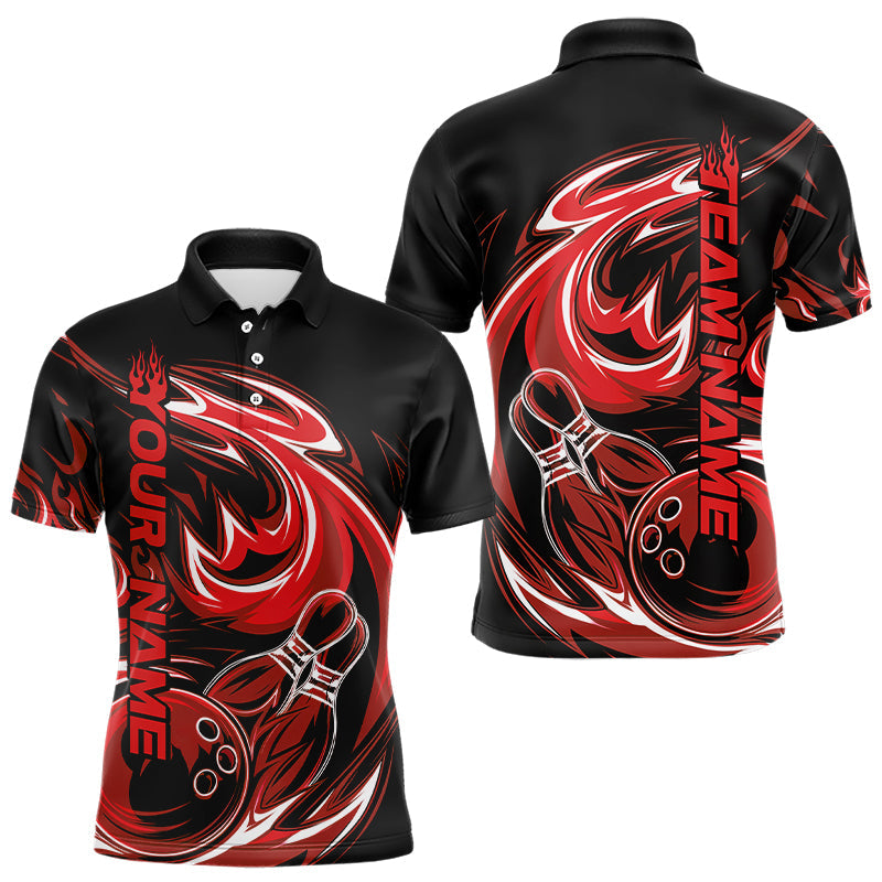 Custom Blue And Red Flaming Bowling Polo Shirts For Men, Flame Bowling League Shirts IPHW8027