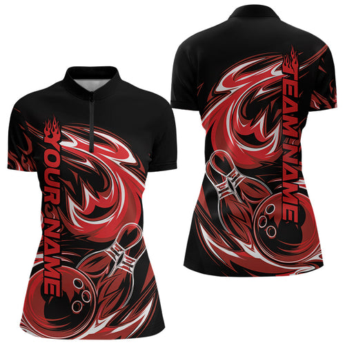 Custom Blue And Red Flaming Bowling Quarter-Zip Shirts For Women, Bowling League Shirts IPHW8027