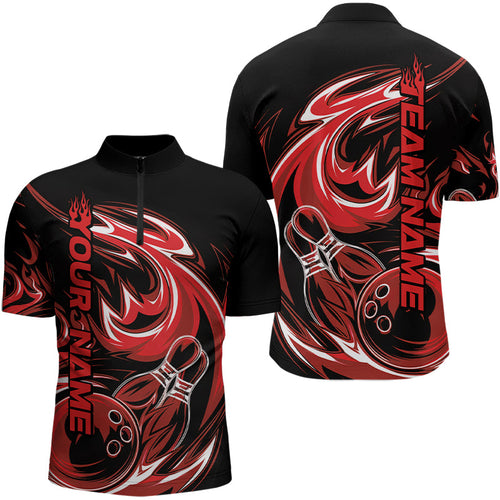 Custom Blue And Red Flaming Bowling Quarter-Zip Shirts For Men, Flame Bowling League Shirts IPHW8027